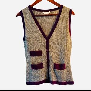 PINK TARTAN Grey Knit Vest  w/metallic Thread Burgundy Trim Button Front Small